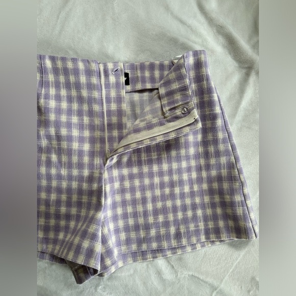 Zara Gingham Shorts Women’s Size M Lavender White Front Zip High Rise - Picture 3 of 6